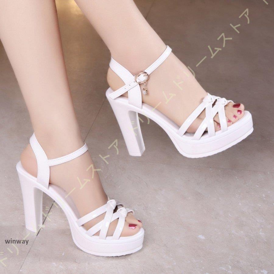 厚底 サンダル レディース 美脚 脚長効果 ハイヒール サンダル 10cmヒール 太ヒール カジュアルシューズ ヒールサンダル クロスベルト ストーム ファッション