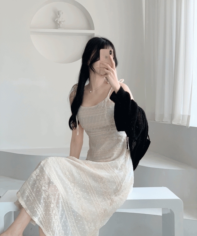 [女神コーディネート/SMサイズ] レース 刺繍 紐 ビスチェ ロング丈 ワンピース