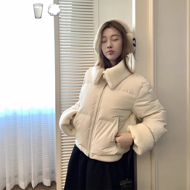 ファーストスノーパリ ニットパッチワークスタンドカラーショートダウンジャケット レディース 2025年冬新作 プチ厚手コート