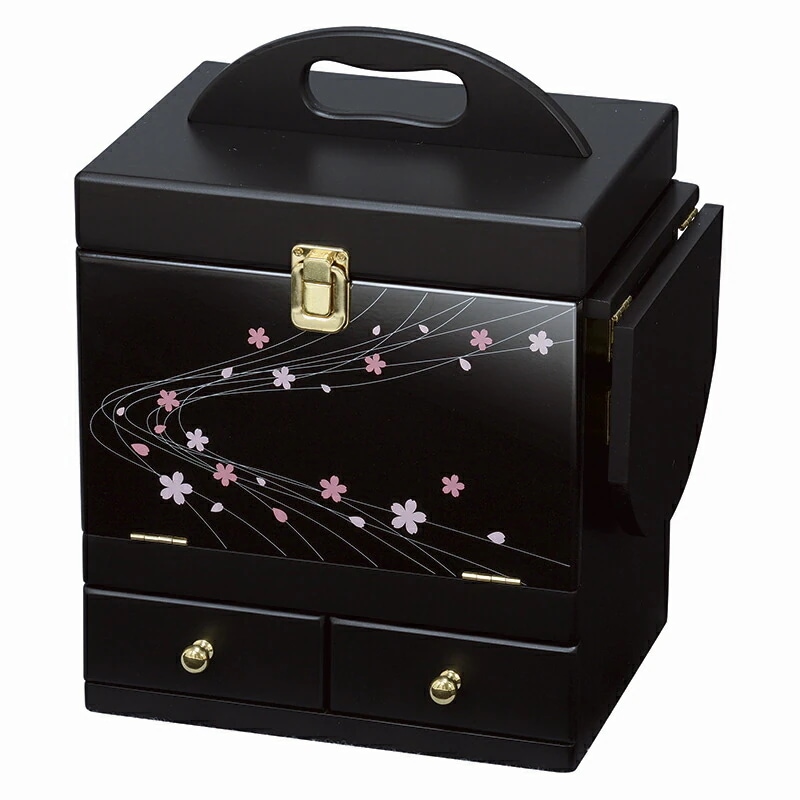 コスメボックス（ブラック）　MUD-6163BK光沢ある本体に落ち着いた蒔絵調の桜模様が美しいコスメボックスサイドにバタフライ式のミニテーブルも付いています