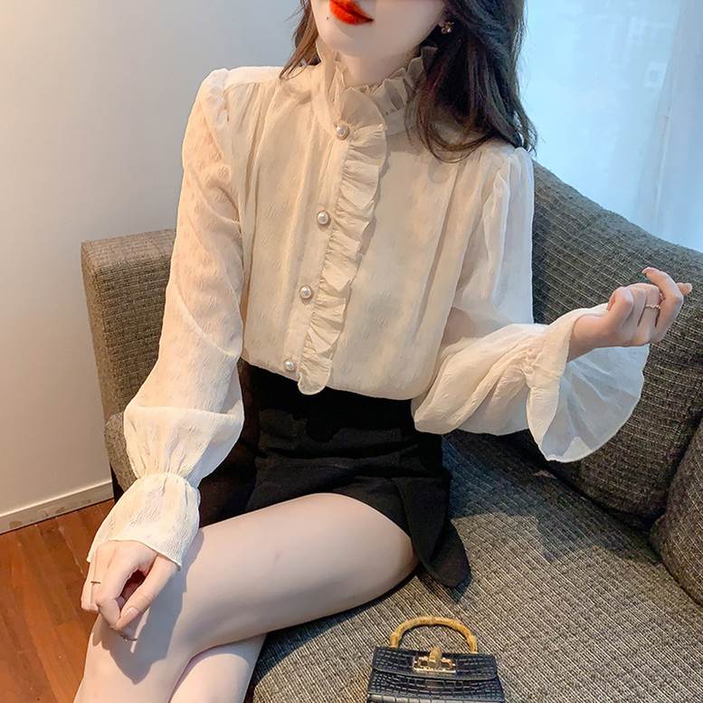 フリルブラウス トップス レディース ブラウス シャツ フリル パールボタン フリルシャツ 長袖 ハイネック フレアスリーブ バルーンスリーブ シフォンブラウス シフォンシャツ フェミニン シフォン