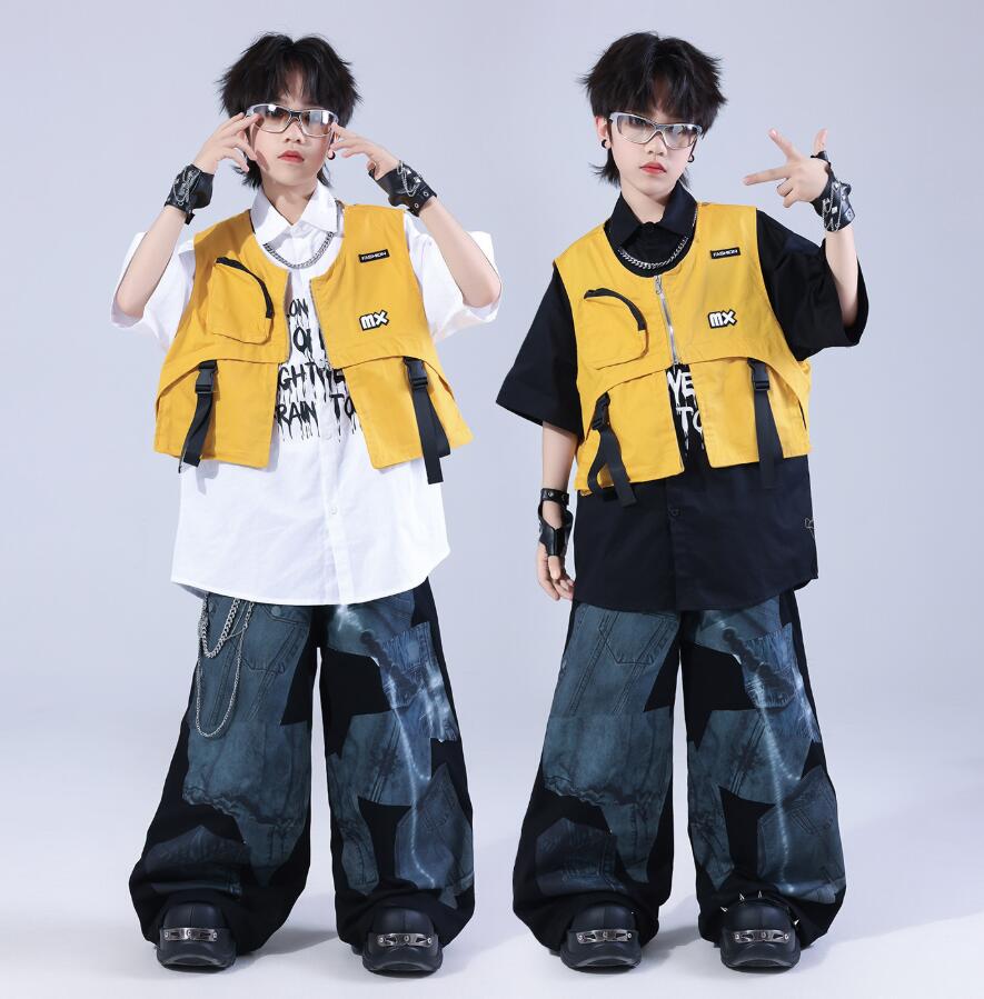 黄ベスト 子供ダンス衣装 白シャツ ジャズダンス ガーコパンツ 男の子ダンス衣装 ダンス衣装 ジャズダンス衣装 イベント学園祭舞台ステージ衣装 ヒップホップゆったりシャツ