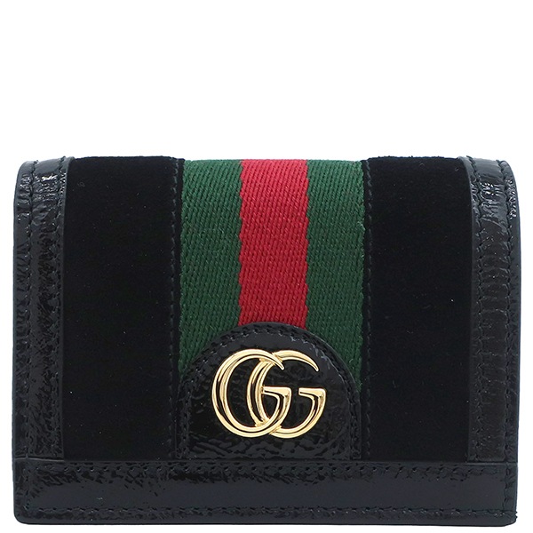 グッチ GUCCI 二つ折り財布 オフィディア GG カードケース スウェード レザー ブラック ゴールド金具 黒 シェリーライン コンパクト ウォレット 523155 【保存袋】【中古】