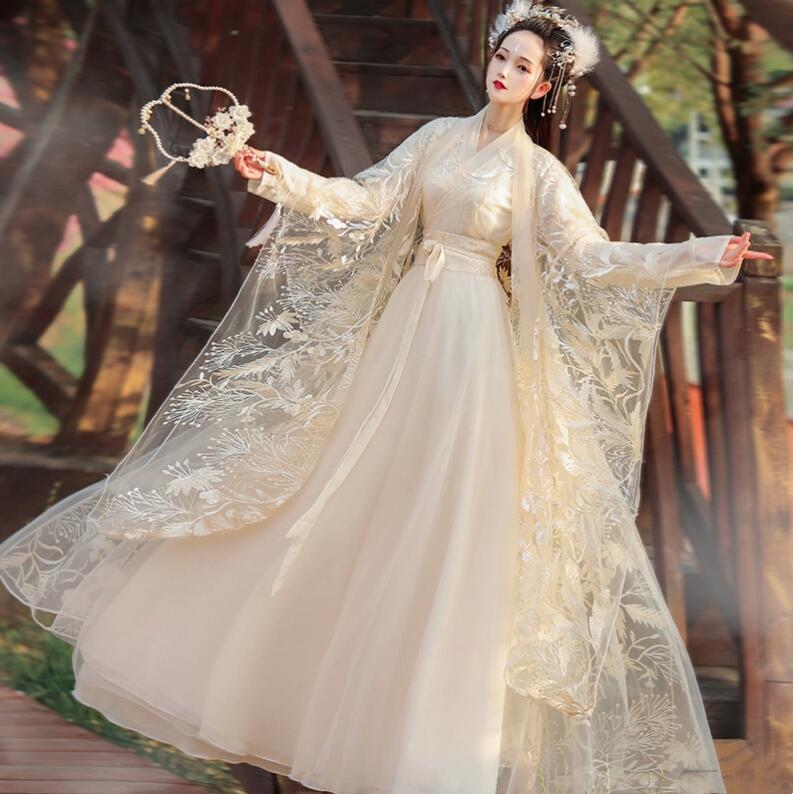 レディース漢服 魏晋 古風ワンピース 女性 ハロウィン コスプレ衣装 古代 お嬢様 美人服 振袖 刺繍付き羽織 レディース 漢服 コスチューム イベント 学園祭 文化祭 撮影衣装 2点セット/3点セッ