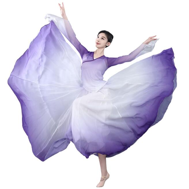 女性 ダンス衣装 720度 大きい裾スカート ロング丈 グラデーション 広がるラップスカート 巻きスカート チュールシャツ フレア袖 チャイナ服 女性 民族ダンス 古典ダンス 舞台演出服 パープル