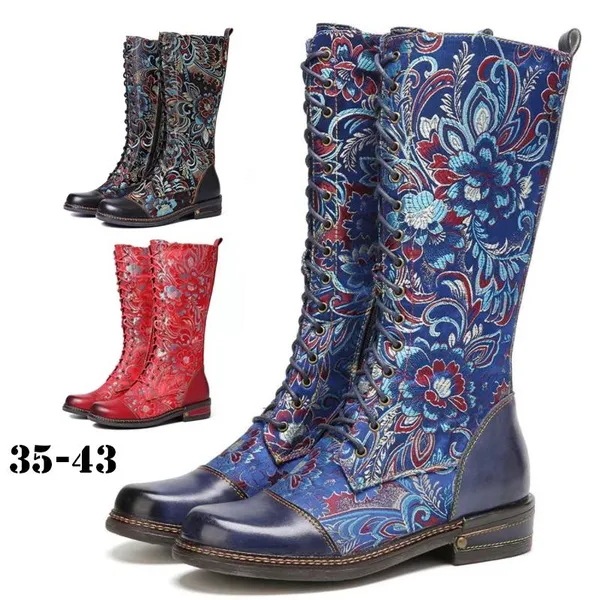 Womens Fashion Retro Leather Boots Pattern Embroidery Mid Calf Boots Ladies Round Toe Cross Strap Ta