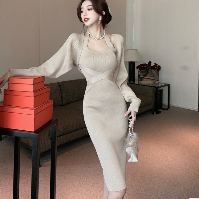 レディースファッション ワンピース ワンピドレス ミディアム丈 袖なし ノースリーブ ラウンドネック 細身 ストレート Aライン ニット 2点セット きれいめ 大人 上品 レトロ セクシー エレガント