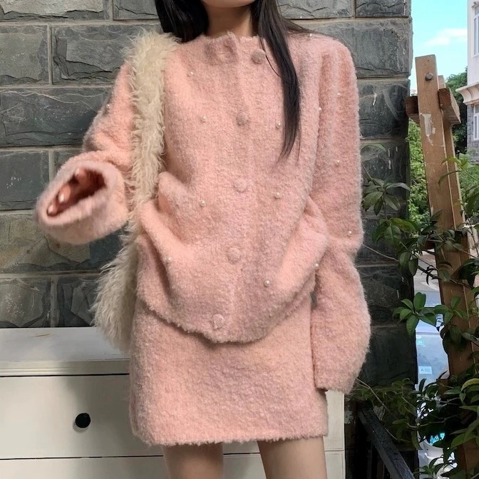 セットアップ トップス スカート レディース 韓国 ふわふわ カーディガン 部屋着 ナイトウェア ミニスカート ショート丈 長袖 萌袖 前開き スリム タイト 細身 もこもこ ラブリー キュート