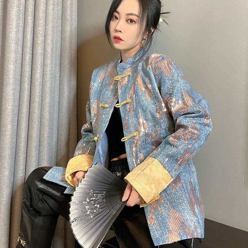 チャイナ風服 普段着 唐装 アウター デニムジャケット コート レディース 独特