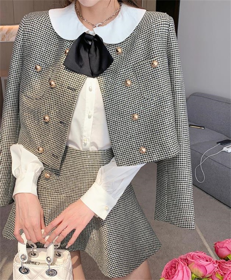 激安セール 3点セット デザインセンス 長袖シャツ ブラウス ミニスカート 気質 スパンコール 格子縞 コート 春秋 Aラインスカート