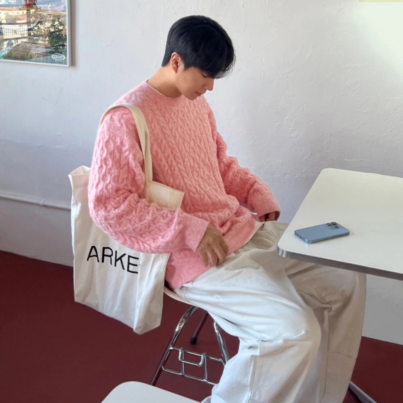 ツイストパターンプルオーバージャンパーメンズ冬厚く暖かいラウンドネックトップシンプルなニットのトレンドの韓国語バージョン