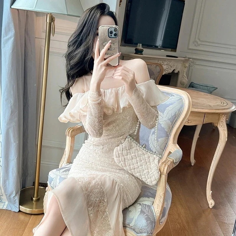 【JY.上品】 秋 オフショルダー ロングワンピース フリル マーメイド パーティードレス キャバ 着痩せ 大人 同窓会 披露宴 卒業式 結婚式 演奏会 ウェディング 二次会 発表会30%までに制限