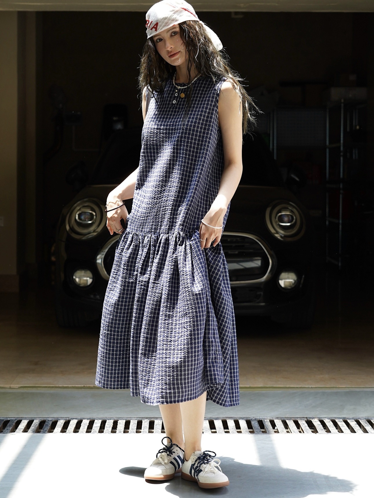 ルーヴル夏新作韓国系レトロな泡模様のノースリーブワンピースがゆったりとしています