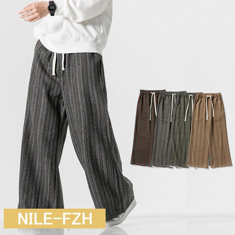 メンズ ワイドパンツ 秋服 秋物 ストライプ柄 ボトムス ゆったり ウェストゴム イージーパンツ 秋冬 新作