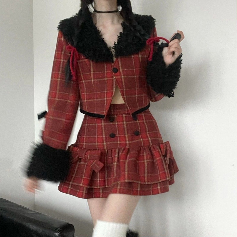 新年の戦闘ローブレトロセットレディース春と秋ウールカラーブロックショートジャケットフリルパフスカートツーピースセット