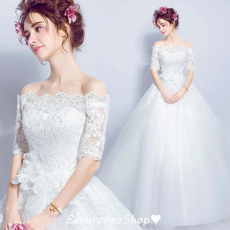 大ヒット中ウェディングドレス オフショルダー 袖あり 花嫁ドレス レース チュール シンプル 結婚式ドレス 白 ロングドレス ホワイトドレス ボートーネック 海外挙式