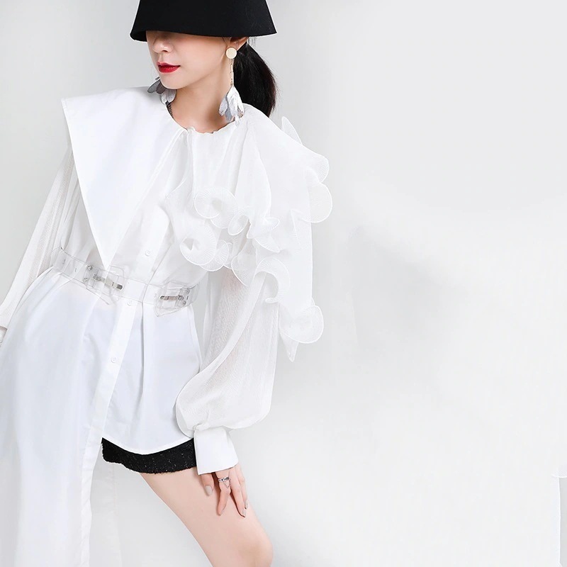 【J.Fashion】 ワンピ風 ブラウス レトロ 不規則 フリル ベルト付き シャツ レディース ファション カシミヤタッチ 長袖 オフィス 韓国 体型カバー メガ割30%までに制限