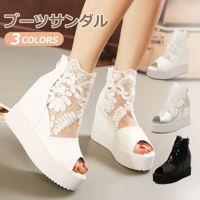 ブーツサンダル レディース 厚底 サンダル サマーブーツ 厚底サンダル ヒール10cm 黒 レディース ブーツサンダル オープントゥ ハイヒール パンプス レディース 靴 レース ヒール メッシュ