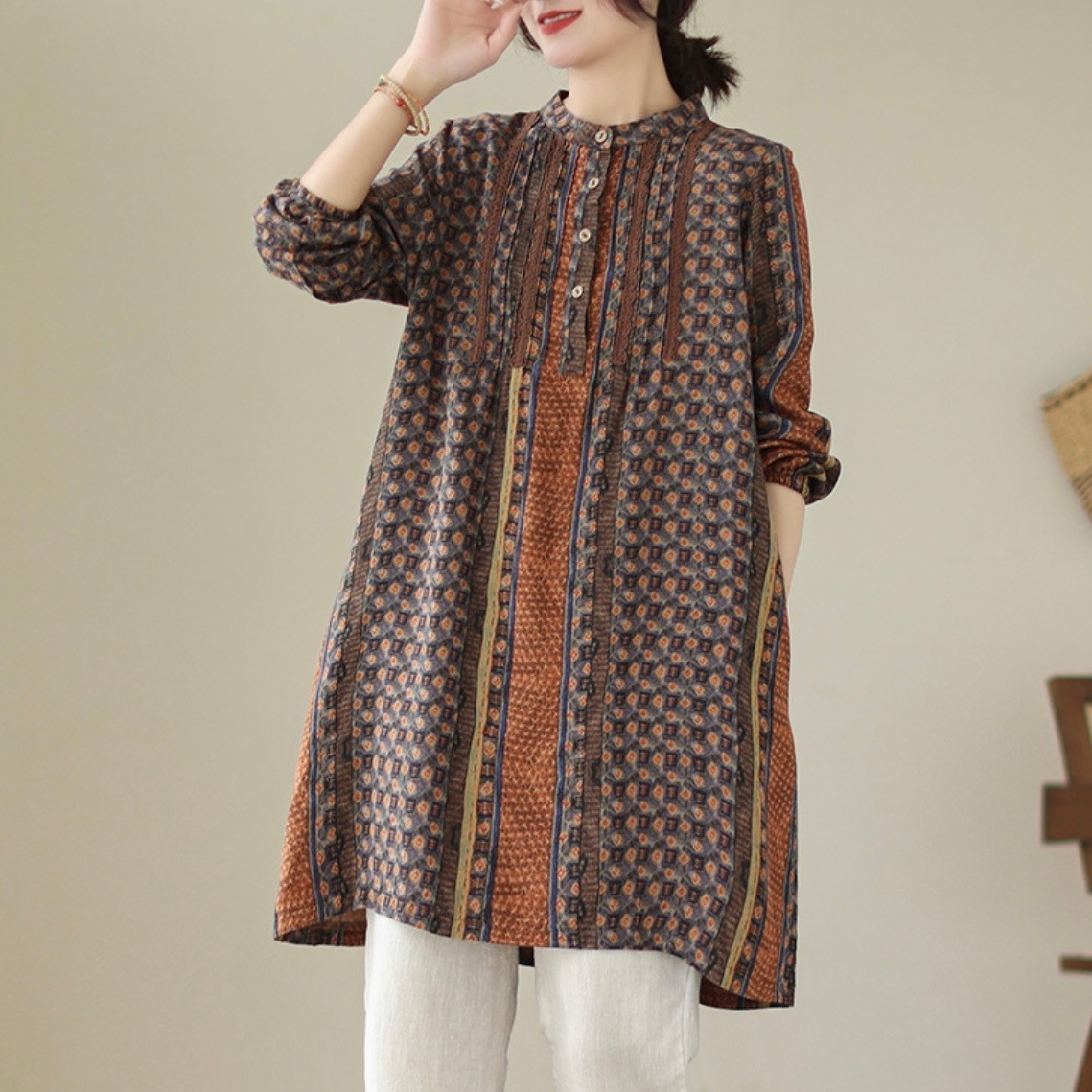 レディース ワンピース チュニックブラウス 長袖 フリルカラー Aライン 異国風 ボタン 配色 綿麻 コットンリネン 大人可愛い きれいめ シンプル カジュアル 上品 おしゃれ レトロ アジアン