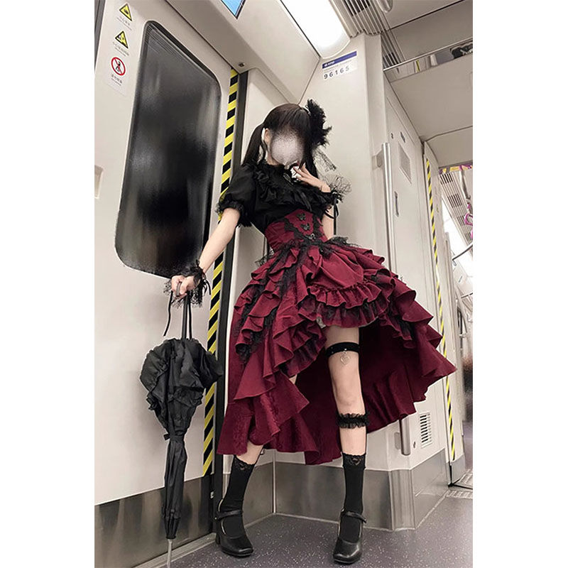 ハロウィーン荘暗黒ゴシック風lolita黒シャツ赤ティラスカートセットロリータcos服装