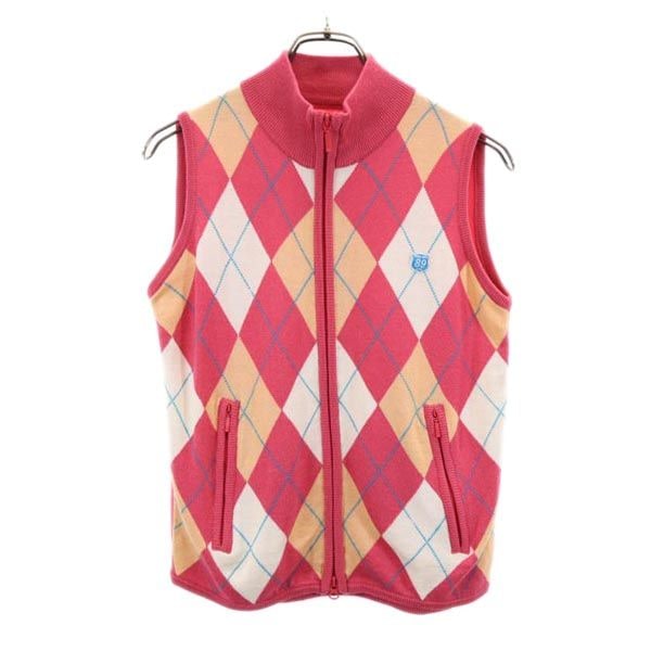 アーガイル ゴルフ ジップアップ ニット ベスト 1 ピンク フリース 切替 ロゴ刺_ レディース
