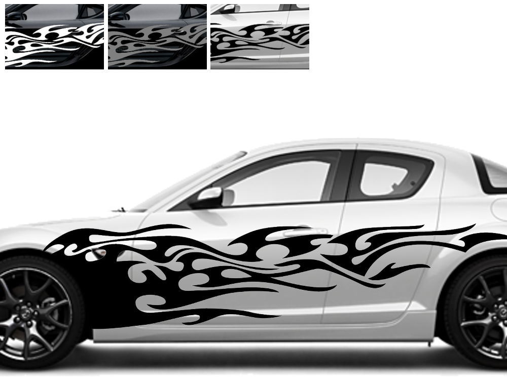 サイドデカール (60) 汎用 左右２枚１セット 幅600mm x 3000mm (3m) 転写シート付属 バイナル グラフィック デコラインステッカー ファイアーパターン ストライプ ドア 外装