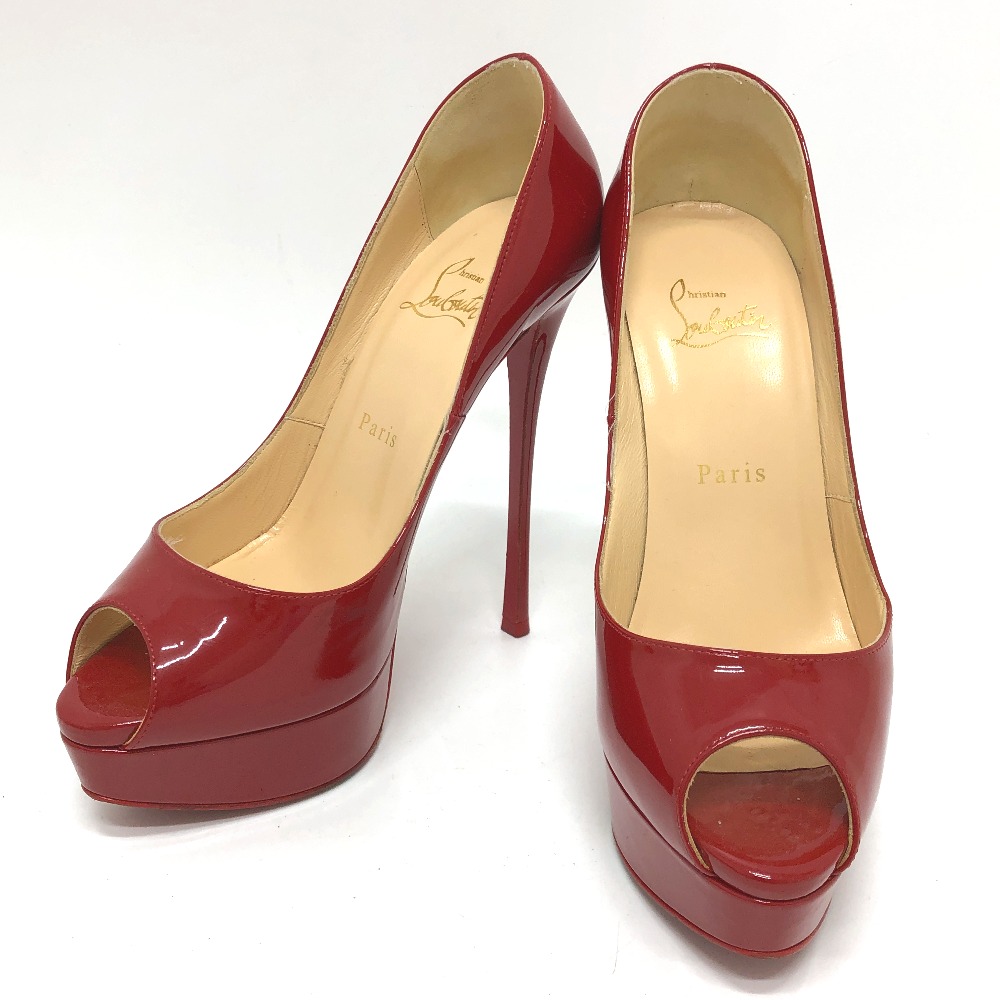 パンプス 靴 オープントゥ ハイヒール ピンヒール プラットフォーム エナメル レッド