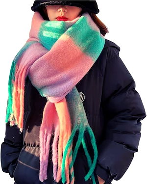 マフラー レディース 厚手 チェック柄 ストール 大判 秋 冬 肩掛け 巻き物 防寒 暖かい 羽織り (ピンク/グリーン 特大)