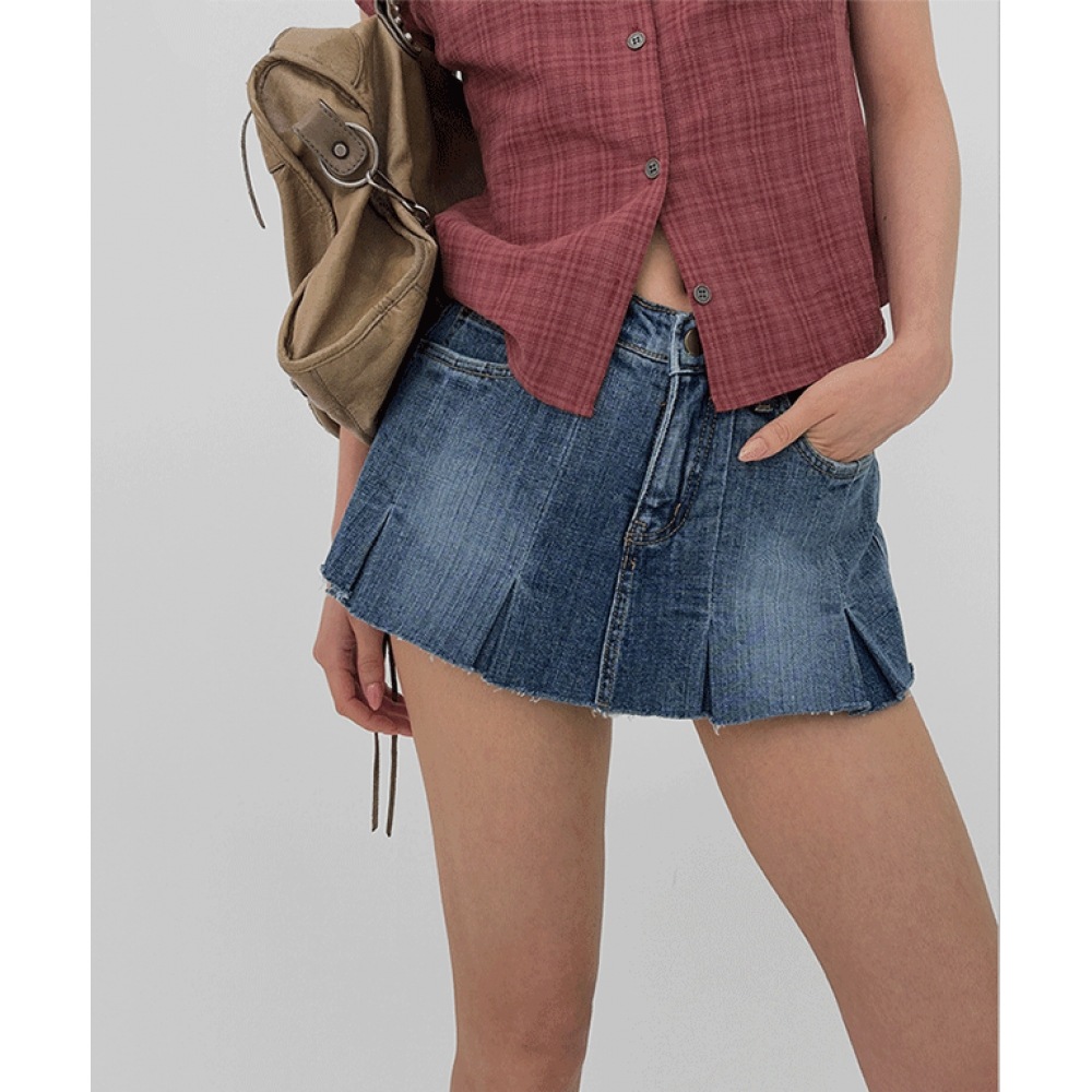 ブラックアップマーシュルプリーツミニデニムスカートパンツ