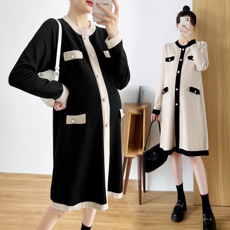 【送料無料】マタニティ ニット ワンピース ラウンドネック パール飾り バイカラー 長袖