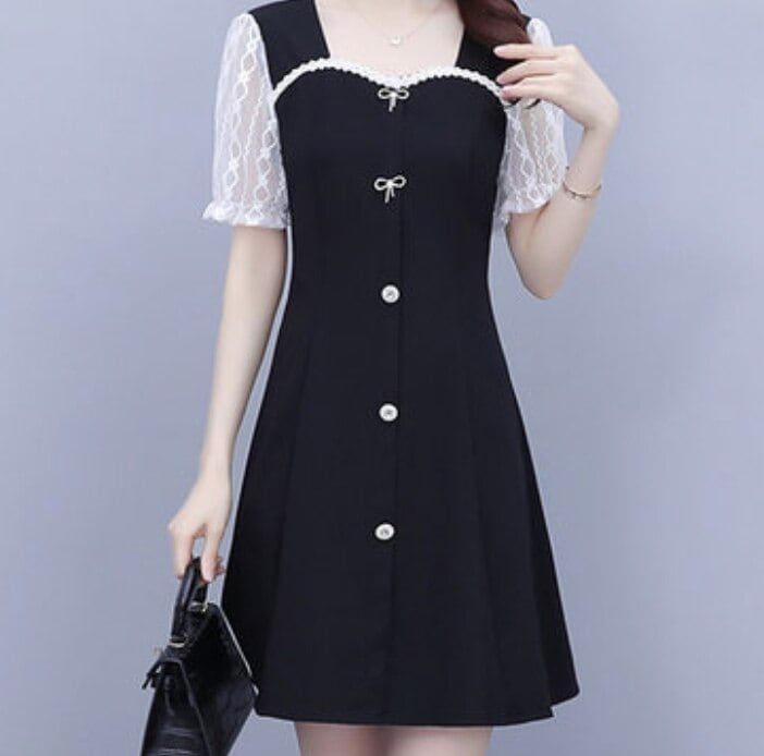 ワンピース ドレス レディース ショート 半袖 フリル レース リボン 透け感 かわいい 大人可愛い きれいめ シンプル ガーリー 大人 上品 おしゃれ 無地 夏 デート お出かけ ブラック