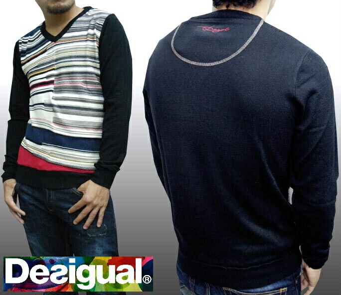 デシグアル Desigual メンズ Vネック ボーダー ニット トップス ホワイト ブラック 27J1136 セーター スペイン セレカジ ヨーロピアン ファッション インポート ブランド アメカジ