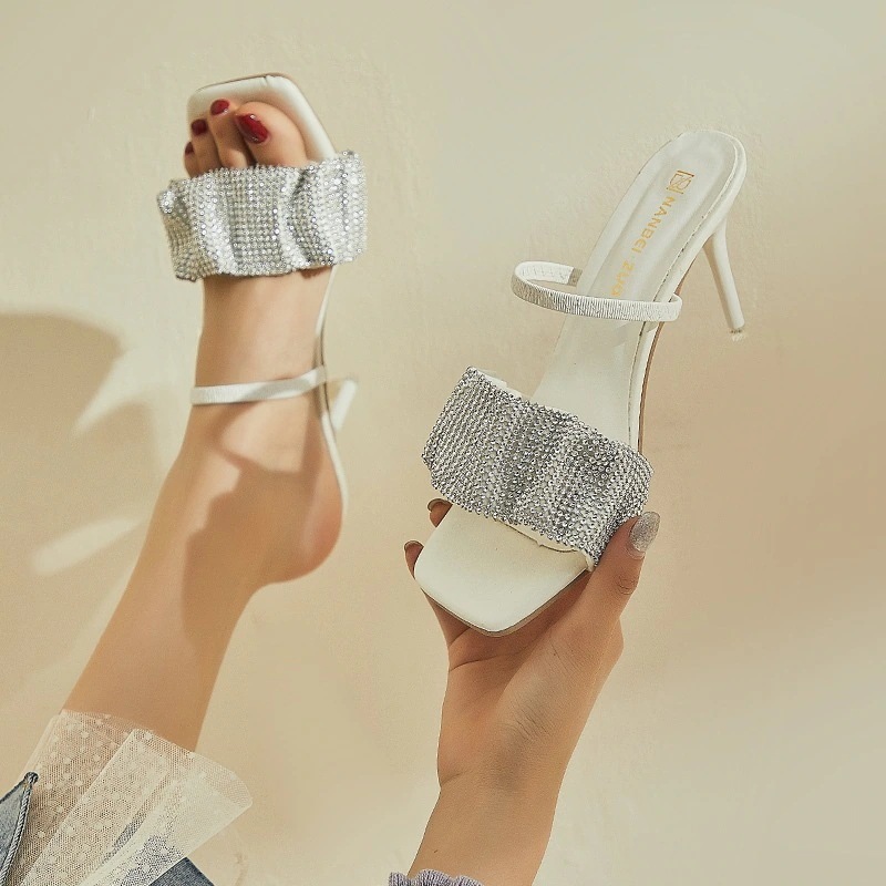 ミュールサンダル ミュール サンダル PU レザー ピンヒール スクエアトゥ シューズ 靴 アンクルストラップ スエード ラインストーン 10cm 7cm 9cm 4cm 5cmヒール ミドルヒール