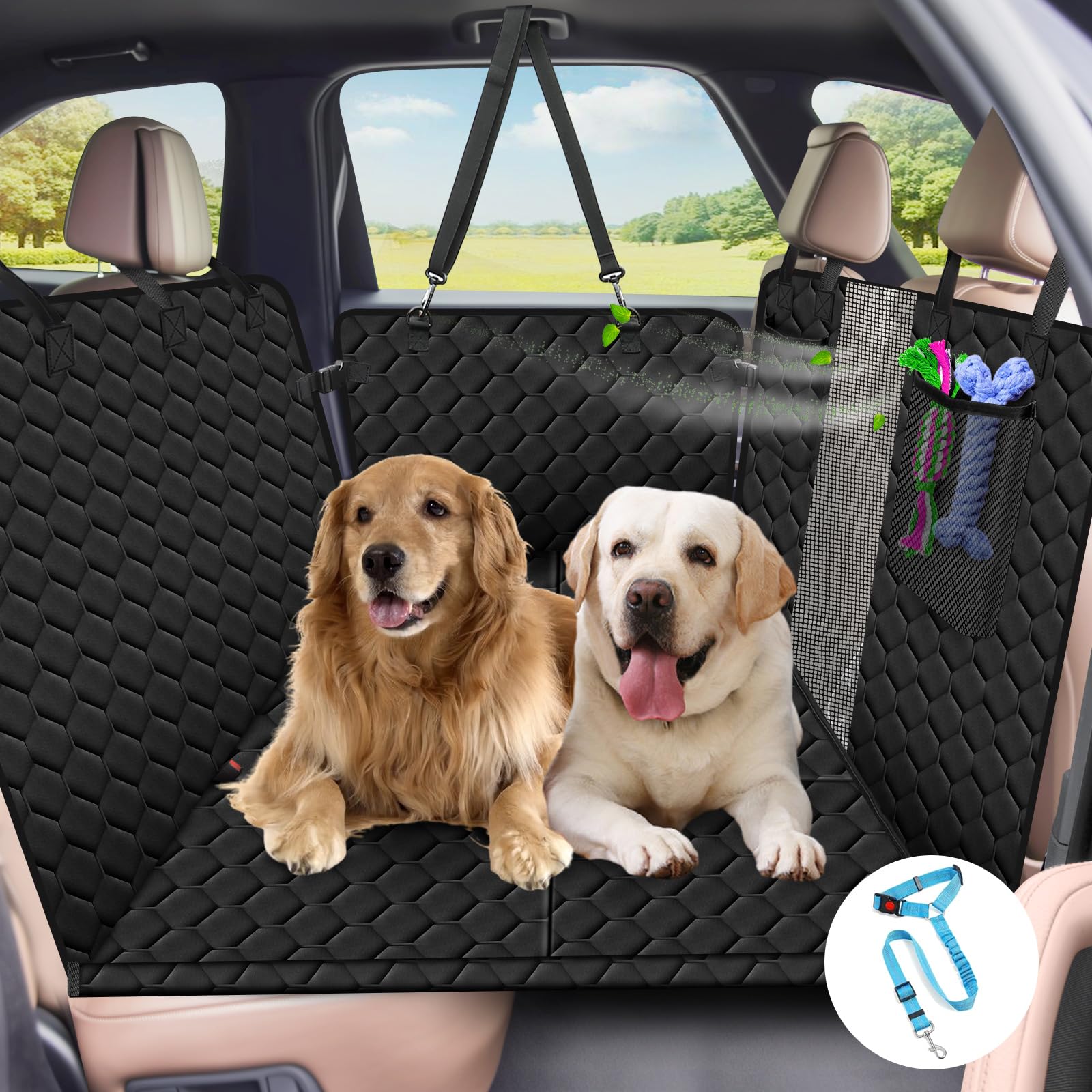 Xevera ペットドライブシート 安定快適 犬シートベルト付き 犬 車 シート 全車種 防水 傷つきにくい 犬用カーシート 取付簡単 可視メッシュ窓 車ペットシート お手入れやすい (ブラック, フ