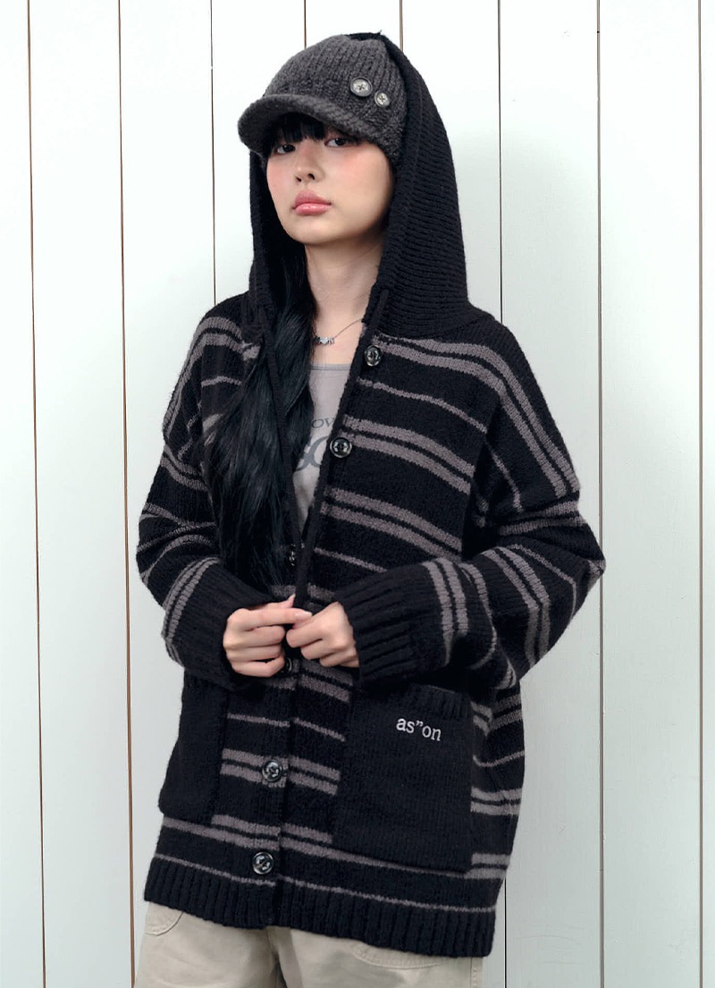 【AS"ON】 BERA STRIPE HOOD CARDIGAN / BLACK 正規品