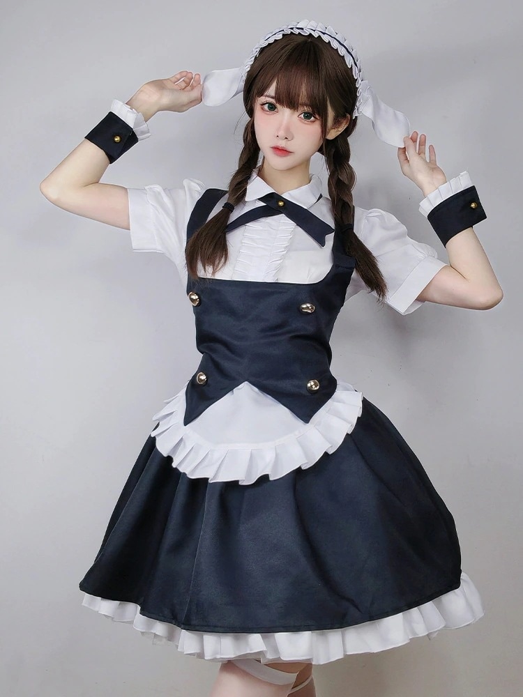 今年人気爆発中 ロリータ コスプレ学院祭用 人气 新作 バイナリかわいいメイド服COS黒と白のバニー執事メイドロリータドレス メイド服