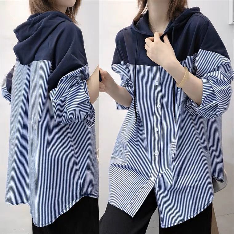 シャツトップスストライプ長袖 フード付き　レディースゆったりカジュアル着痩せ