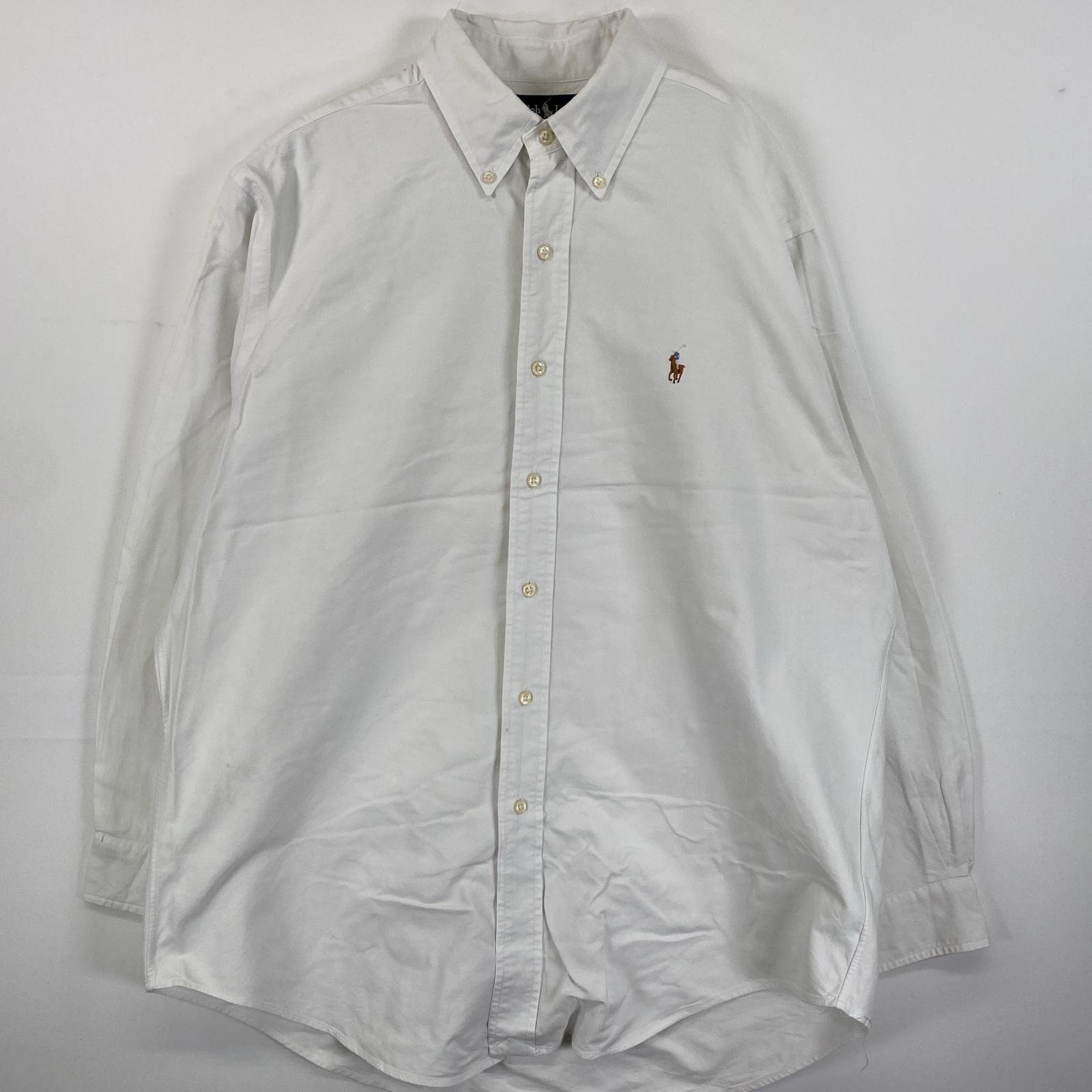 古着 長袖シャツ ボタンダウン ワンポイントロゴ刺繍 16 L ホワイト 無地 メンズ