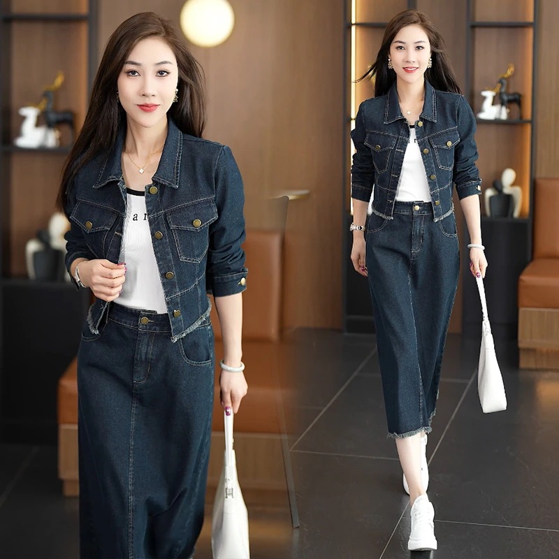 デニムドレス秋服 2024 新しいファッショナブルな春と秋のファッショナブルな女性のツーピーススーツインターネット有名人のスカート