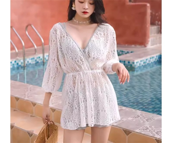 水着 ビキニ レディース 体型カバー ショートパンツ 短パン セパレート Vネック 七分袖 カシュクール リボン フリル バックリボン ハイウエスト 背中開き バックレス 透かし編み セット