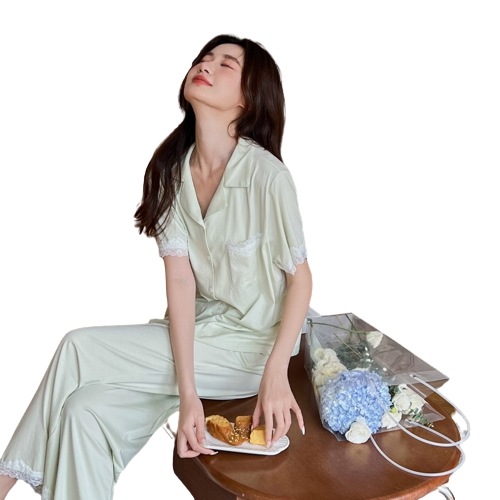 パジャマ女性の夏の綿織物半袖長ズボンカバー女性のかわいい甘居服春夏 4,130円