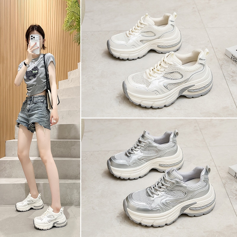 2025年夏新作メッシュ通気性ダッドシューズ万能軽量カジュアルスポーツシューズレディース身長アップSサイズ3233