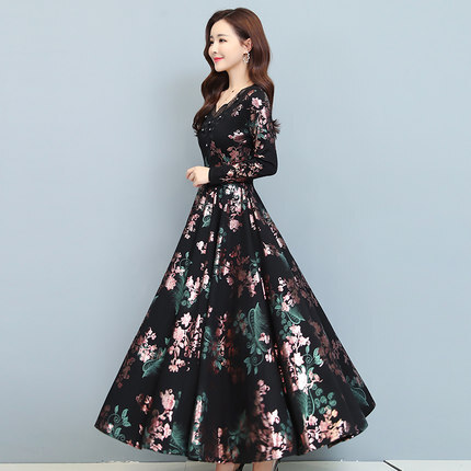 花柄ロングワンピース ワンピース フレアワンピース ワンピドレス ロング ロング丈 袖あり 長袖 Vネック フレア レース ハイウエスト かわいい 大人可愛い きれいめ シンプル カジュアル 大人