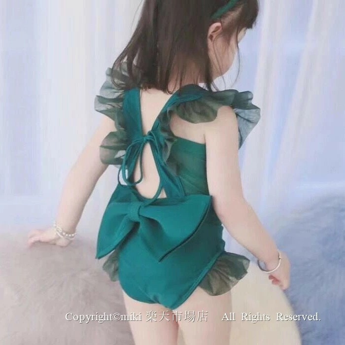 【新品プロモ-ション】子供水着 グリーン 水着 キッズ 女子 オールインワン 背中見せ 背中開き 水着 キッズ 女子 ガールズ ジュニア 子供 子ども用 リボン ノースリーブ スクール水着 みずぎ 子