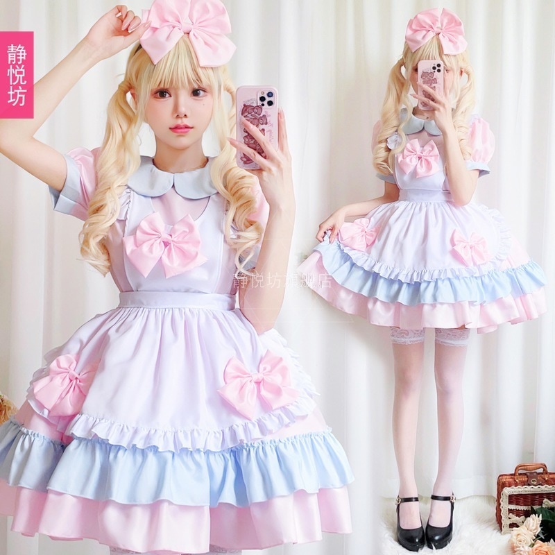 日韓メイド服コスプレアニメ服ピンク青い柔らかい妹ロリワンピースcos服lolita王女スカート