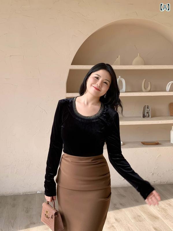 大きめサイズ レディース トップス カジュアル おしゃれ デート 女子会 普段使い ぽっちゃり 冬 Tシャツ 起毛 スリムフィット インナー ラウンドネック 黒