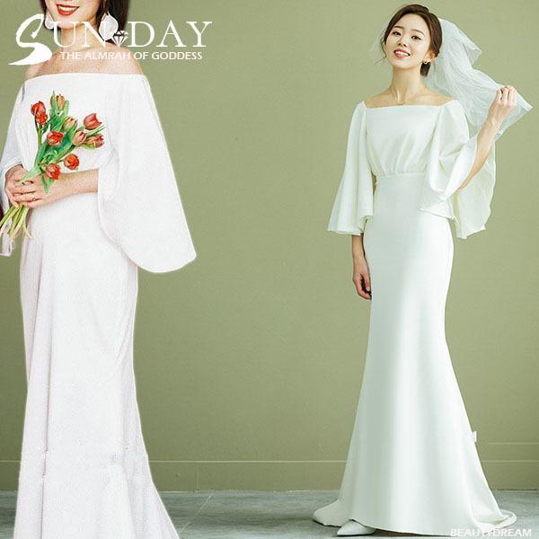 ウェディングドレス ウェディングドレス白 パーティードレス 花嫁ロングドレス パフスリーブ 結婚式 トレーン オフショルダー 二次会 お呼ばれ 挙式-119