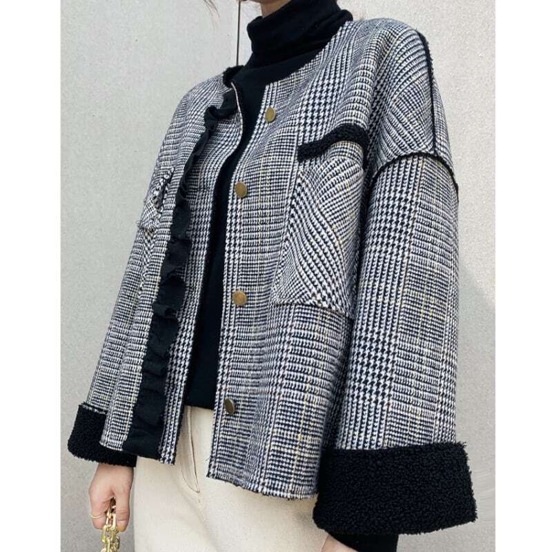アウター レディース ノーカラージャケット XS S M L XL 2XL 韓国 長袖 ドロップショルダー ラウンドネック フリル ポケット シングルブレスト ゴールドボタン 大人可愛い シンプル