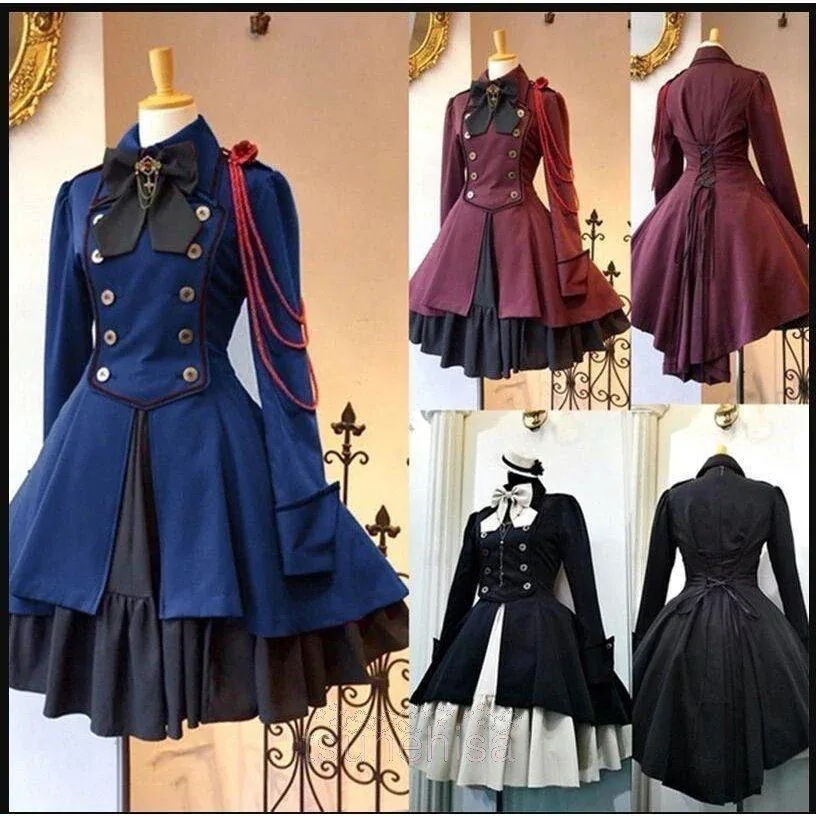 超目玉 膝丈ワンピース 軍服風 ロリータ ワンピース ゴスロリ ドレス 長袖 コスプレ 衣装 制服 スカート4色