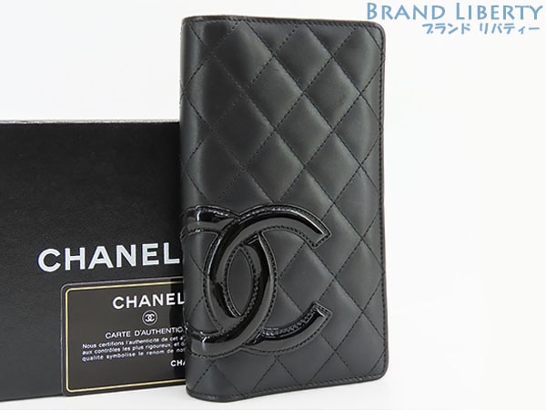 ほぼ新品シャネルカンボンラインココマーク二つ折り長財布ブラックエナメルピンクカーフスキンA26717